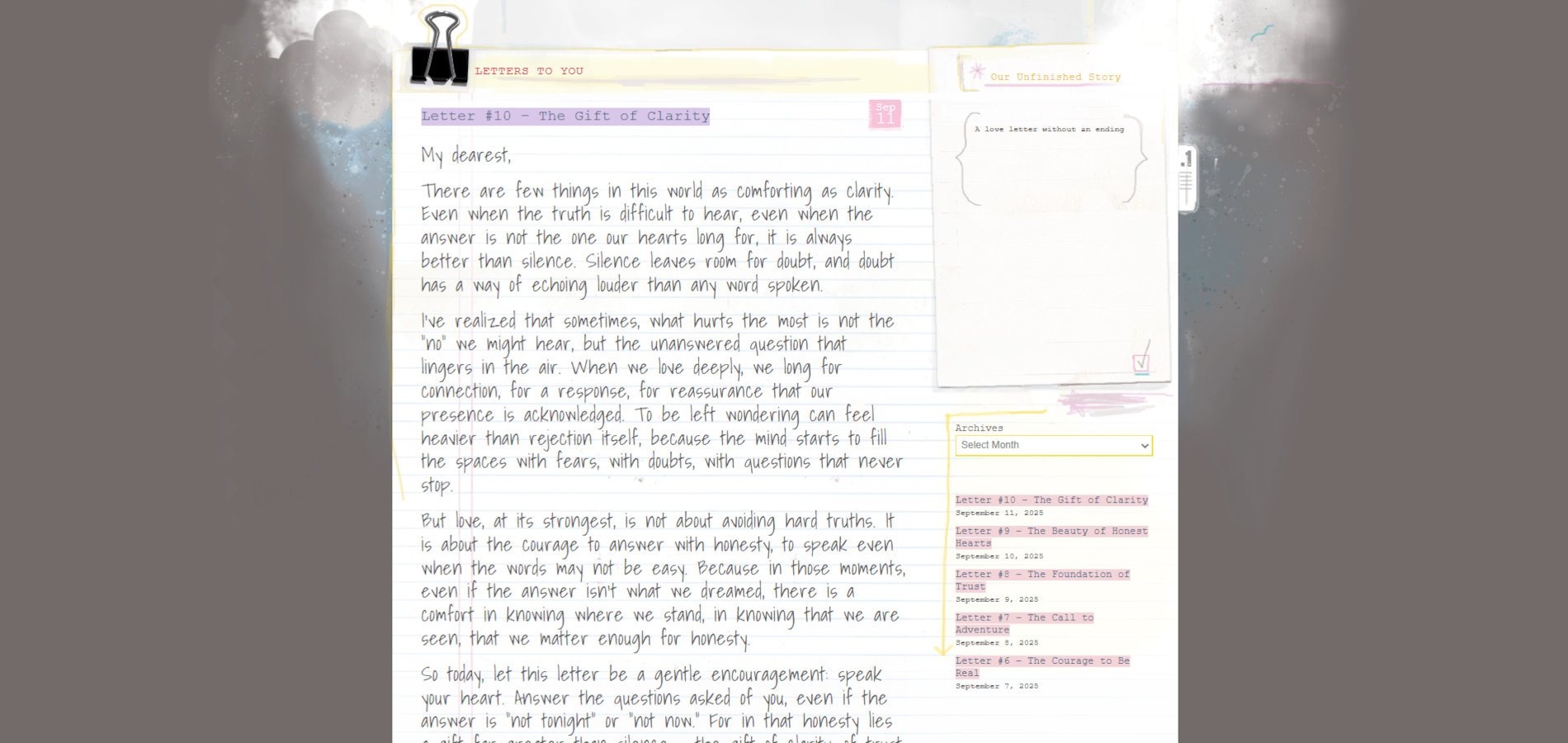 Homepage of Our Unfinished Story website featuring heartfelt letters, minimalist typography, and soft gradient background