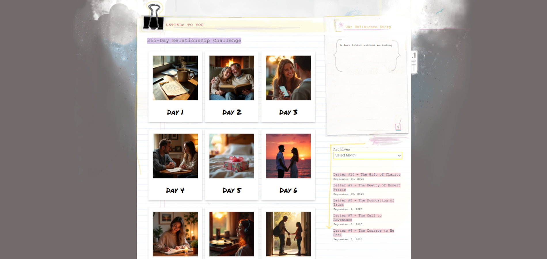 Our Unfinished Story website mockups showing letter entries, clean typography, and a soft, minimalist layout