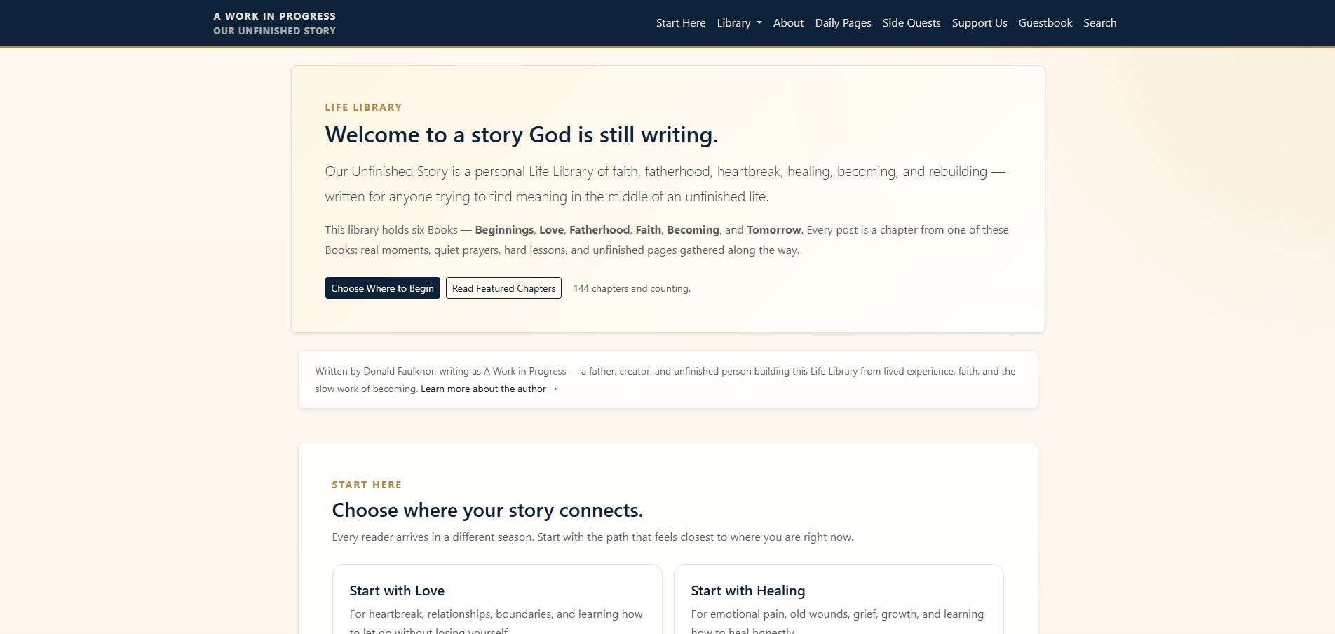 Our Unfinished Story website mockups showing a Life Library homepage, chapter structure, and reflective storytelling layout