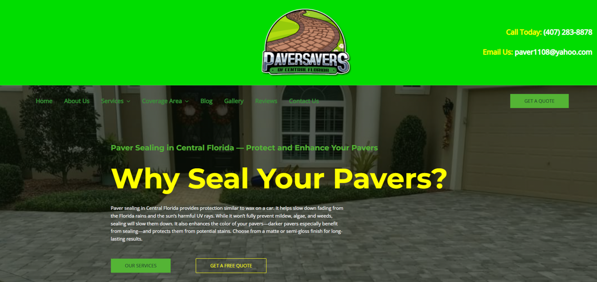 Homepage of Paver Savers of Central Florida website highlighting restoration services and before-and-after gallery