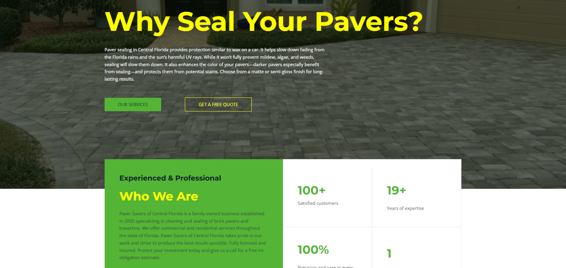 Paver Savers website mockups showing service pages, before-and-after gallery, and request-a-quote call-to-action