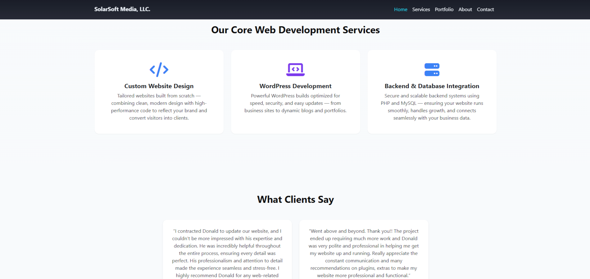 SolarSoft Media website mockups showing the homepage hero, services cards, and portfolio grid