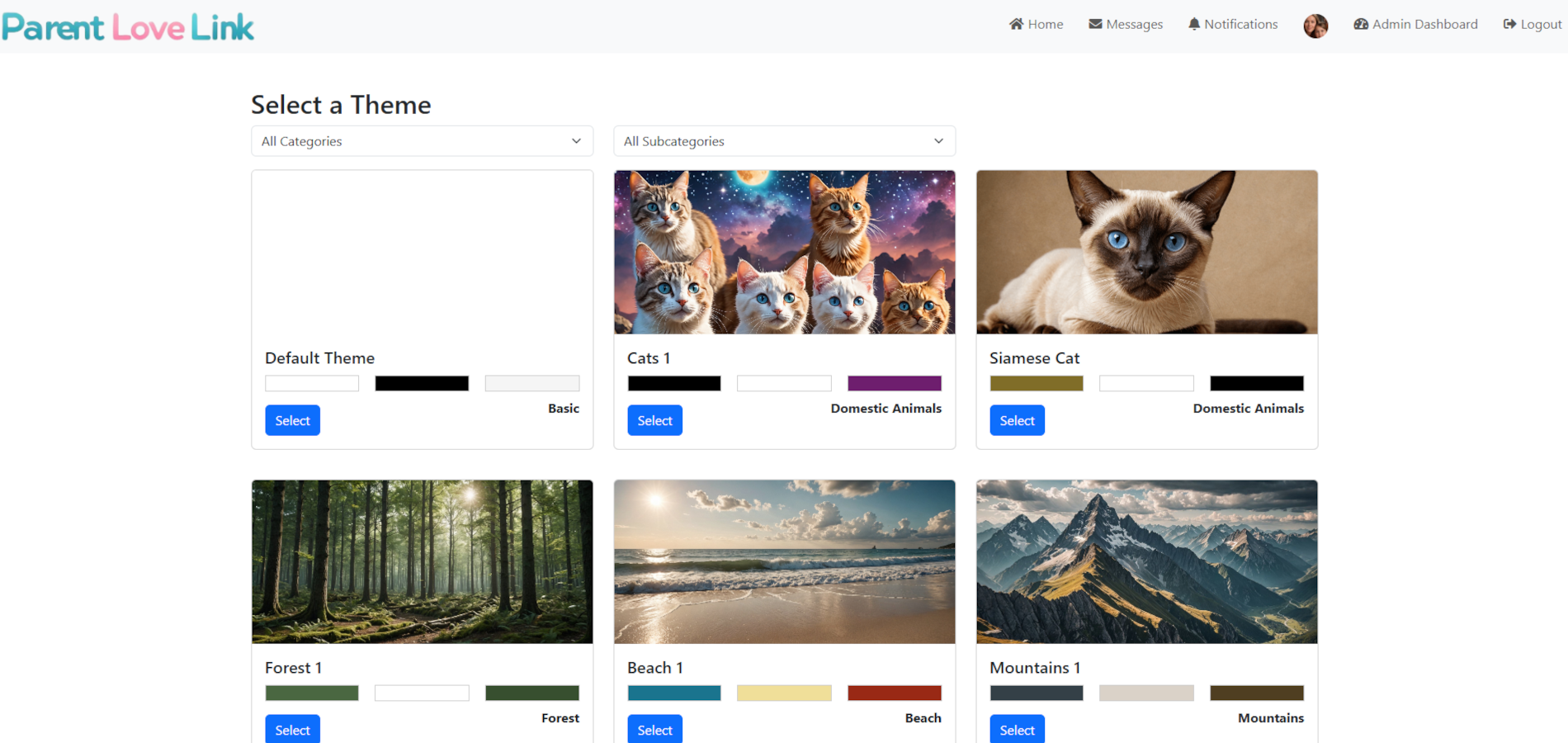 Parent Love Link interface mockups on mobile and desktop screens showing profiles, theme selector, and polls
