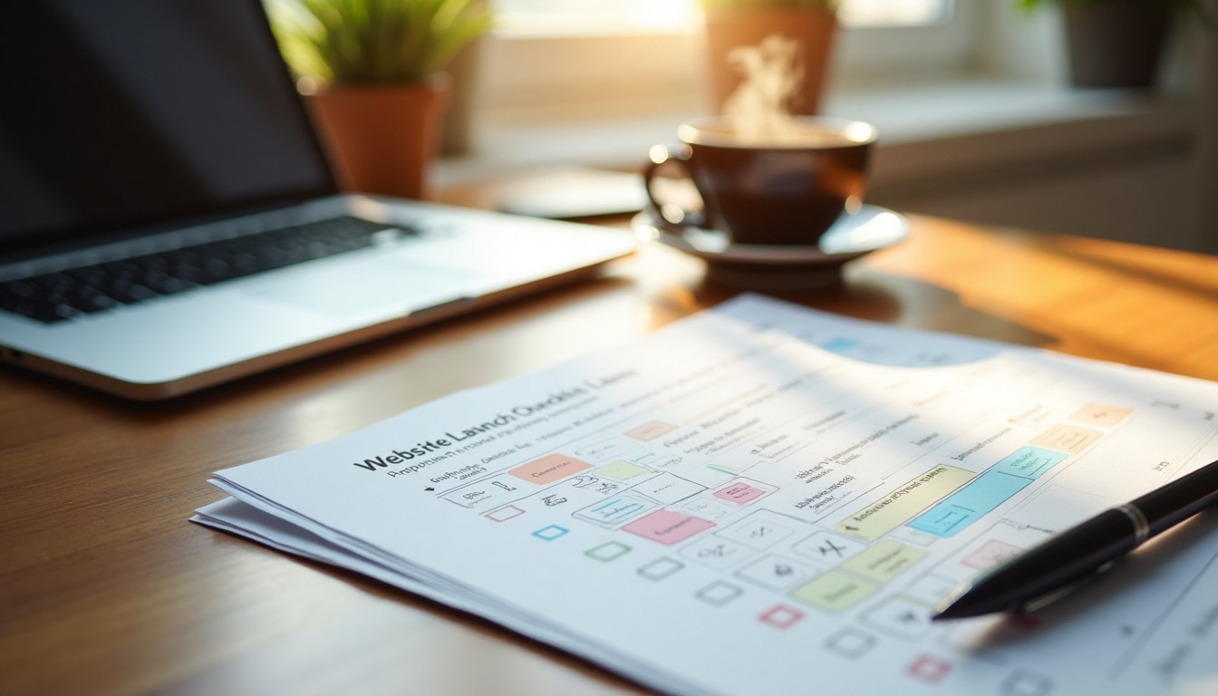 A printed website launch checklist on a desk next to a pen, coffee, and laptop.