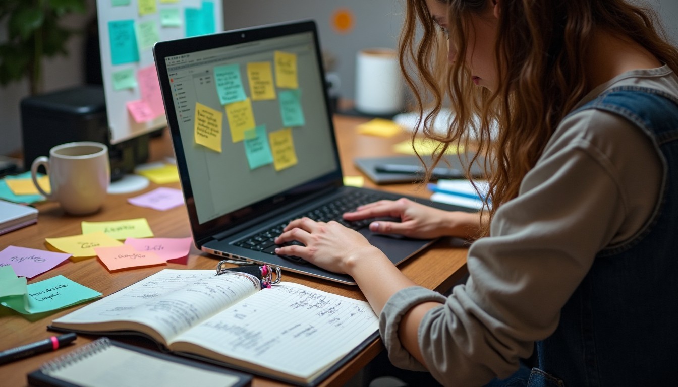 Entrepreneur planning content strategy with a calendar and SEO keyword notes beside a laptop.