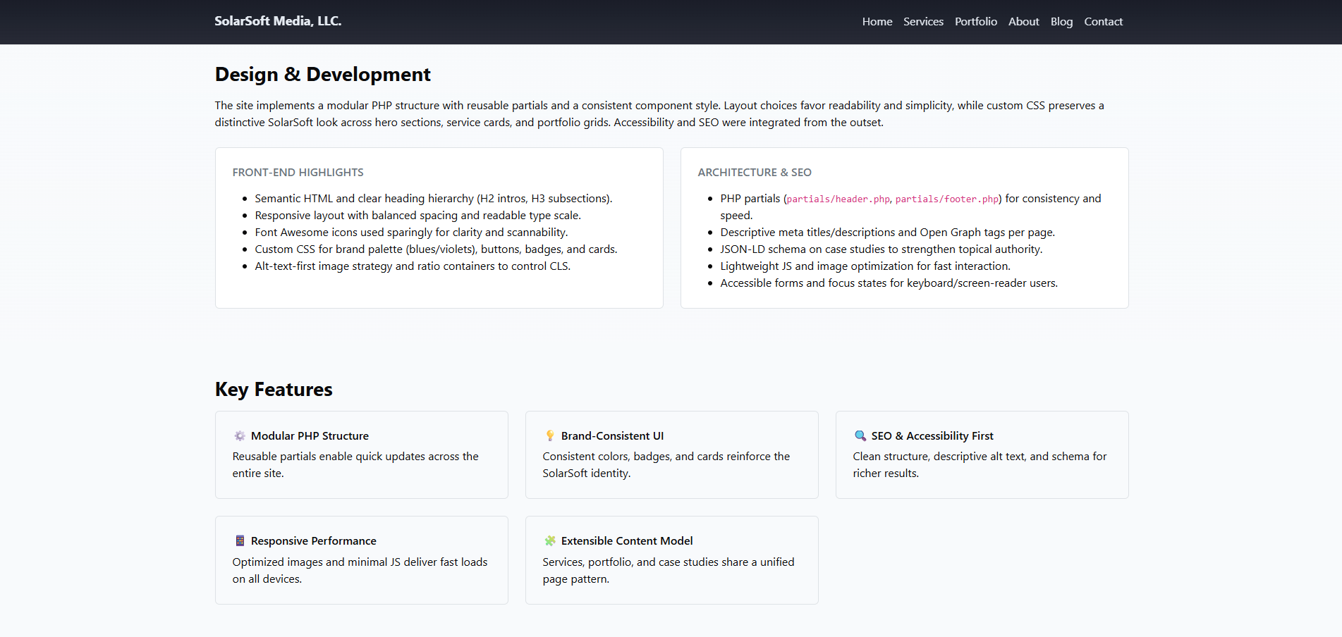 Screenshot of the SolarSoft Media case study section displaying portfolio cards and service layouts.