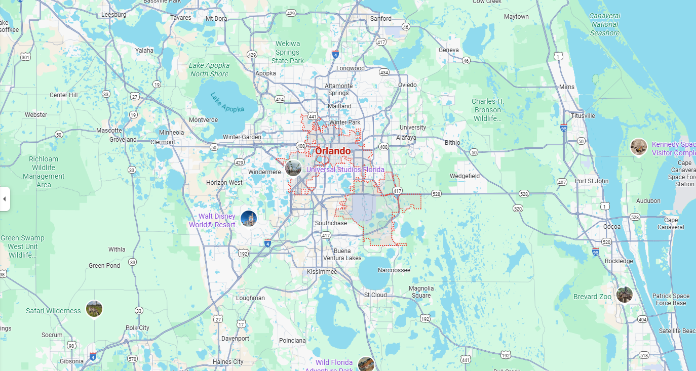 Static service area map mockup covering greater Orlando.