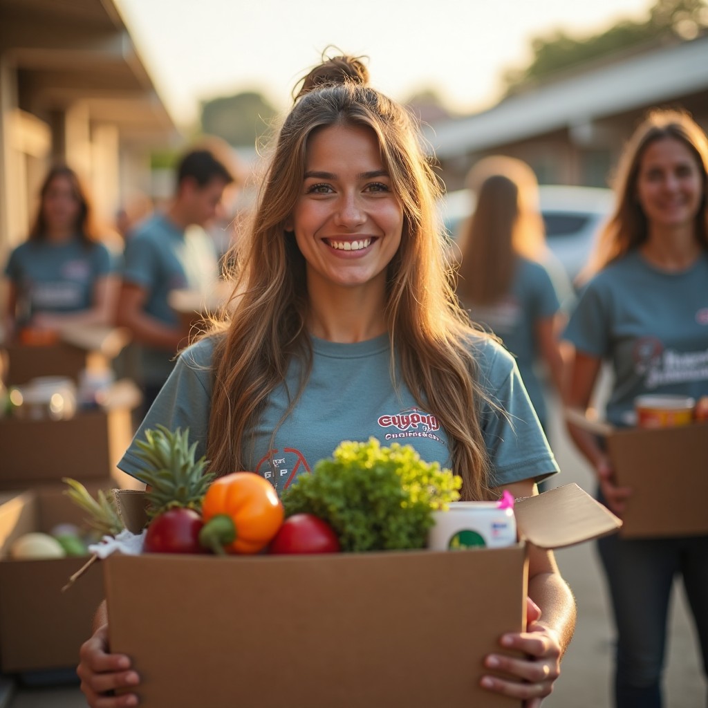Recipient smiling with grocery box.