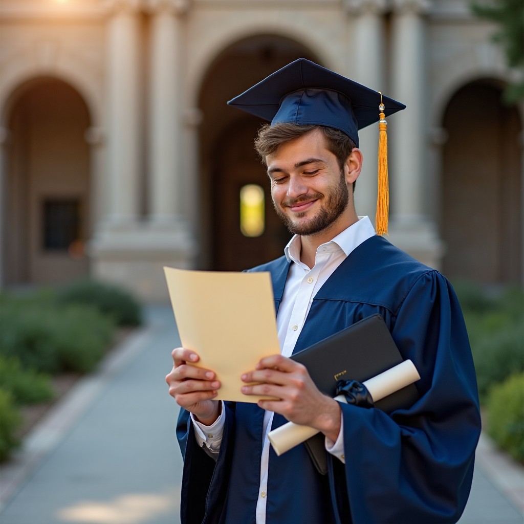 Student holding acceptance letter.