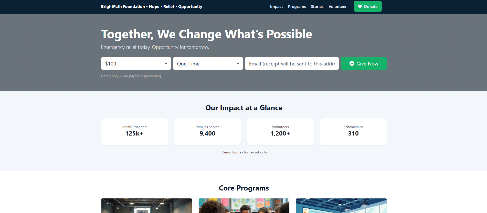 Heartfelt nonprofit website layout with volunteer photos and donation call-to-action.