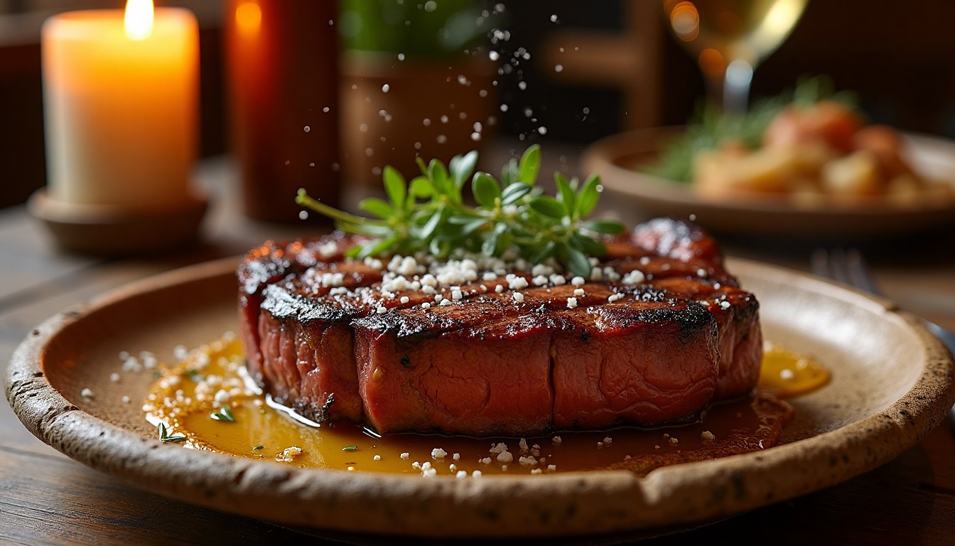 Wood-Fired Ribeye plated on rustic stoneware.