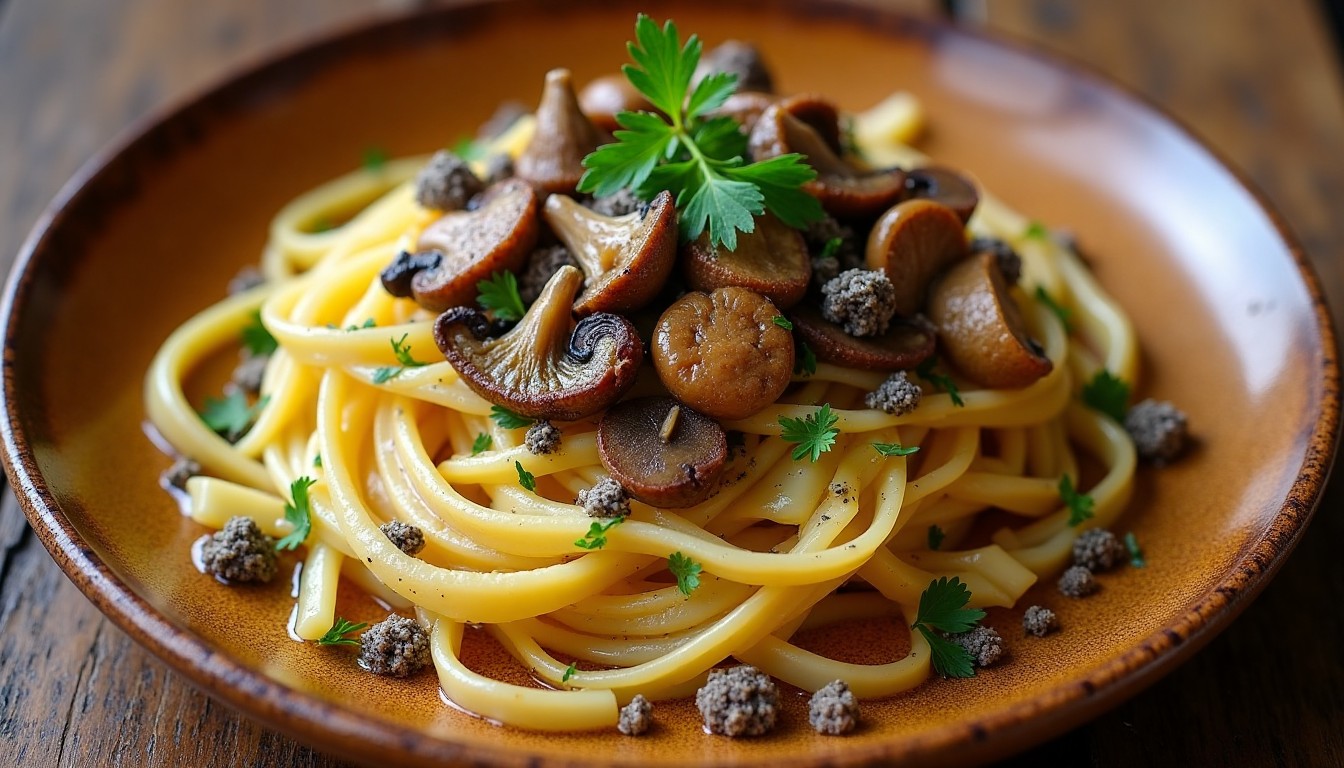 Foraged Mushroom Tagliatelle plated on rustic stoneware.