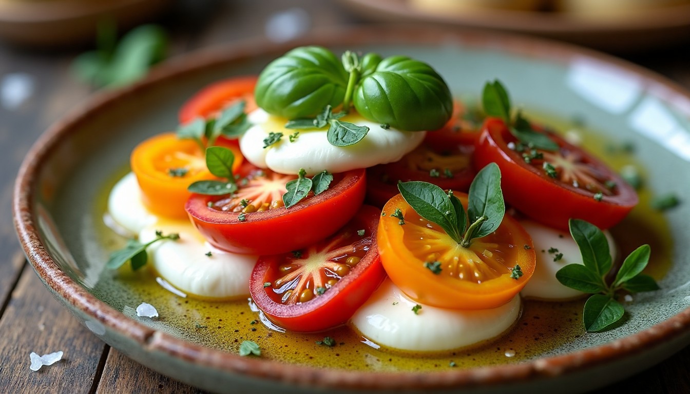 Heirloom Tomato Burrata plated on rustic stoneware.