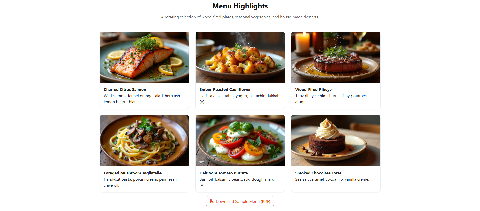 Warm restaurant website layout featuring appetizing food imagery and elegant call-to-action buttons.
