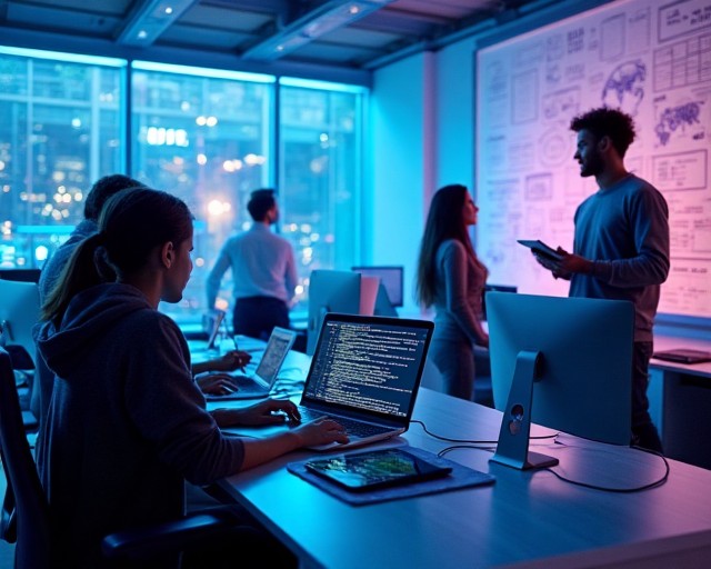 Illustration of developers collaborating at SolarSoft Media